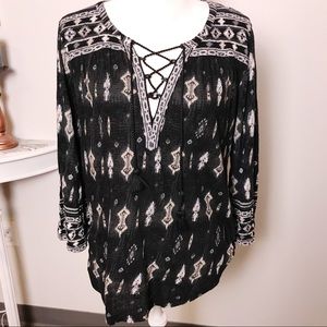 Lucky Brand Boho embroidered blouse with tassels